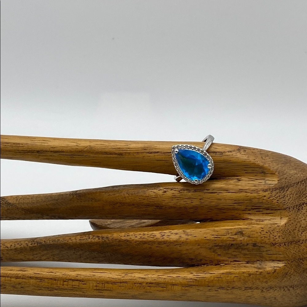 Teardrop Blue Gemstone Cocktail Ring with Crystal Halo • Silver Tone - Picture 6 of 12